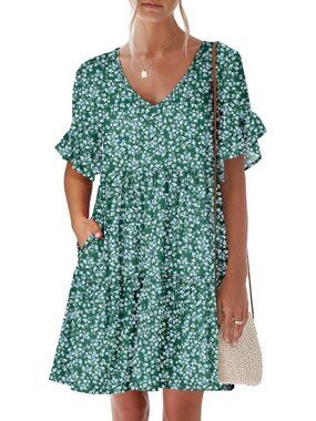 Anrabess Women's Green Blue Neck Ruffle Sleeve A Line Tiered Mini Flowy Dress